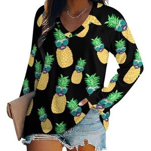 Grappige ananas mopshond dames lange mouw V-hals T-shirts herfst tops pullover tuniek T-shirt voor leggings