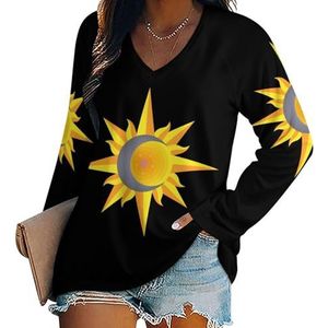 Sun Moon And Star Casual T-shirts met lange mouwen voor dames, V-hals, bedrukte grafische blouses, T-tops, M