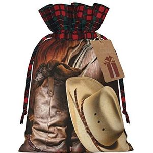 LAMAME Cowboy Zwarte Hoed Western Laarzen Gedrukt Kerst Trekkoord Gift Zakken Met Kraftpapier Labels Gift Wrap Zakken