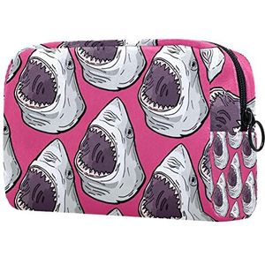 Roze haaien print reizen cosmetische tas voor vrouwen en meisjes, kleine make-up tas rits zakje toilettas organizer, Meerkleurig, 18.5x7.5x13cm/7.3x3x5.1in, Mode