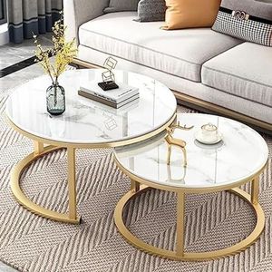 JAVPTAV Ronde nesttafel set van 2/nesttafel leisteen top metalen gouden basis hoogwaardige meubels voor woonkamer slaapkamer kantoor en balkon (kleur: A-groot)