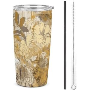 LKHDS 20oz roestvrij staal dubbelwandige vacuüm geïsoleerde autobeker goud en beige bloemen geïsoleerde beker met handvat vacuüm waterfles lekvrije reismok voor buiten woon-werkverkeer