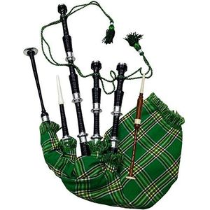 Schotse Full Size Bagpipe Silver Plain Mounts zwarte Finish Highland Bagpipes met accessoires (zwart, Ierse nationaal)
