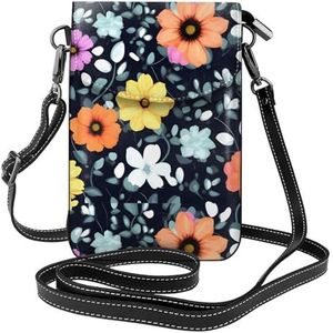 Mooie Kleurrijke Bloemen Lederen Cross Body Flip Telefoon Tas Met Afneembare Schouderbanden, Gebruikt Voor Reizen, Dating, Vakantie Geschenken, Zwart, Eén maat