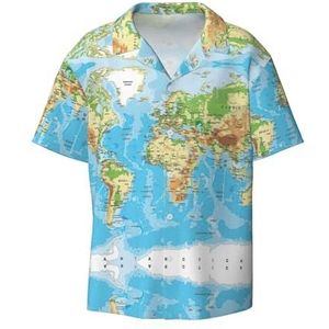 OdDdot Wereldkaart Print Heren Overhemden Atletische Slim Fit Korte Mouw Casual Business Button Down Shirt, Zwart, L
