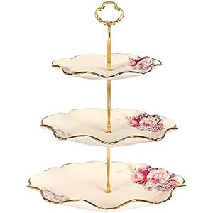 fanquare 3 Tier Bloemen Porseleinen Taartstandaard, Lotus-Vormige Serveerstandaard met Metalen Stangen Goud, Etagère voor Verjaardag, Bruiloft, Theekransje, Baby Douchen, Feestje