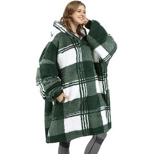 Catalonia Classy Oversized hoodie-deken, Sherpa sweatshirt, super zachte warme draagbare deken, Giant Hoodie Front Giant Pocket Sweater volwassenen mannen vrouwen buffelgeruit groen