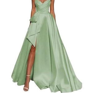 Strapless Galajurken Lange Baljurk Satijn Trouwjurk voor Bruid A Lijn Formele Avondfeestjurken met spleet, Sage Groen, 50 grote maten