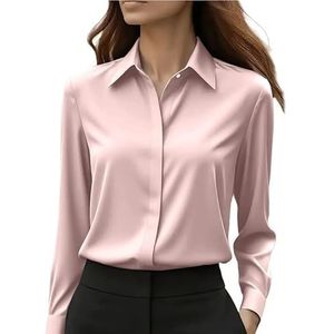Damesoverhemd met lange mouwen, revers, satijnen knoop, kantoor, woon-werkverkeer, elegante, eenvoudige top, basisblouses(Pink,XXL)