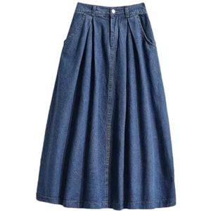 Pegsmio Hoge Taille Lange Rok Vintage Koreaanse Denim Rokken Vrouwen Elegante A-lijn Jeans Rok, Blauw, L