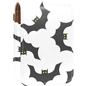 Draagbare Lipstick Case voor op reis, Mini Lipstick Opbergdoos met spiegel voor dames dames, Lederen cosmetische etui Halloween zwart-wit vleermuis vliegend patroon, Meerkleurig, 9.5x2x7 cm/3.7x0.8x2.7 in