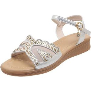 2024 Nieuwe Platte Sandalen Met Gesp Damesmode Strass Sandalen PU Lederen Slippers Romeinse Sandalen Zomer Peep Toe Slippers Vrije Tijd Bohemen Strandschoenen(Silver,43 EU)