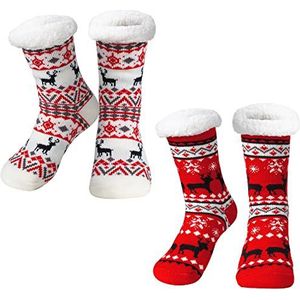 JOYIN 2 stuks Fuzzy Ripple Slipper Sokken, Chirstmas zachte premium fleece crew-sokken, fleece voering fuzzy warme pantoffelsokken voor de winter, Rood Wit, XS-L