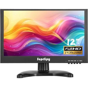 Suprlipy 12 inch mini-HDMI-monitor, 1920 x 1080, 16:9 IPS, metalen behuizing, LCD-scherm met HDMI/VGA/AV/BNC-headset, ingang, ingebouwde luidspreker, voor pc, CCTV-bewakingscamera