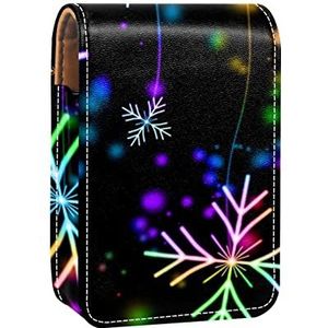 Kerst Sneeuwvlokken Licht Glanzend Draagbare Lipstick Case voor Reizen,Mini Lipstick Opbergdoos met Spiegel voor Vrouwen Dames, Lederen Cosmetische Pouch, Meerkleurig, 9.5x2x7 cm/3.7x0.8x2.7 in