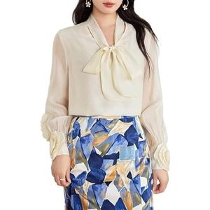 ROUZIHU Chiffon Shirt Dames Tops Vetersluiting V-hals Blouse met knopen Lange mouwen Dames Los Shirt(Beige,XXL)