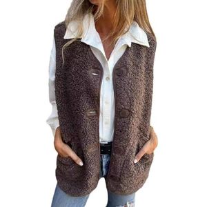Dames Herfst Button Down Korte Warme Vest, Dames Sherpa Vest, Warme Open Voorkant Gilet Bovenkleding, Gezellige Mouwloze Cardigan Bovenkleding Met Zakken (M,Bruin)