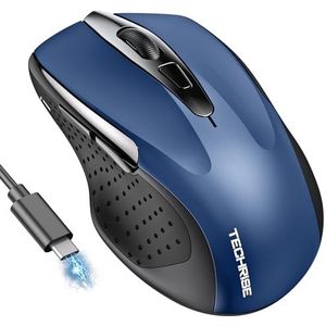 TechRise Bluetooth Muis, 2,4 G Draadloze Muis (BT 5.0/3.0 + 2.4G) 4800 DPI Oplaadbare Ergonomische Muis Met USB-A-Ontvanger, 6 Niveaus DPI Stille Muis voor Laptops, Computer, PC, Windows, Blauw