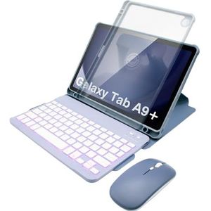 Toetsenbordhoes Voor Samsung Galaxy Tab A9 Plus / A9+ 11 Inch 2023, 360 Graden Draaibare Hoes met Verlicht Afneembaar Toetsenbord, Bluetooth-Muis,Purper