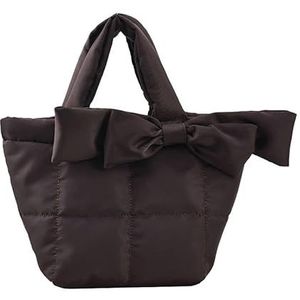 Space Pad Katoenen Handtas Voor Vrouwen Winter Nylon Schouder Crossbody Tas Gewatteerde Gewatteerde Vrouwelijke Pluizige Boog Tote, Koffie, 35X24X10CM