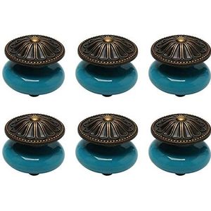 Keramische Knoppen Vintage Kastknoppen, 6 Stuks Lade Knoppen Blauwe Ronde Knop Lade Trekgreep Meubilair Kast Kastdeur Vervanging Accessoires, 33x33mm (Blauw)