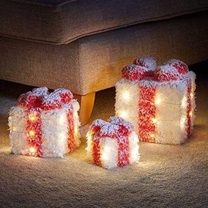 HomeZone Novelty Sparkle Snow Topped Geschenkdozen met witte LED-verlichting - Batterij Aangedreven Klassieke Witte en Rode Fairy Lights Opvallende Cool Box voor Kerstversiering - Set van 3