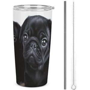 20oz roestvrij staal dubbelwandige vacuüm geïsoleerde autobeker schattige zwarte mopshond geïsoleerde beker met handvat vacuüm waterfles lekvrije reismok voor buiten woon-werkverkeer