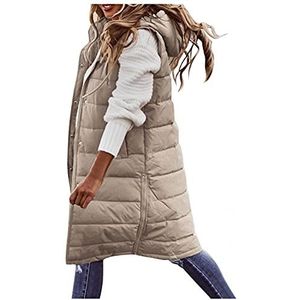Lange Gilets voor Vrouwen Hooded Warm Mouwloos Outwear Winter Casual Gewatteerde Rits Gilet Jas Plus Size S-5XL KaloryWee, Beige, 5XL
