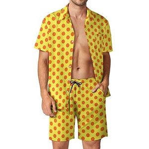 Oranje stip op gele Hawaiiaanse bijpassende set voor heren, 2-delige outfits, overhemden en shorts met knopen voor strandvakantie