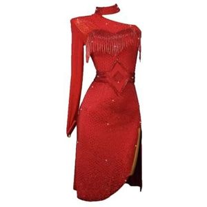 Yhwacyznm Professionele Latijns Amerikaanse wedstrijdjurken voor volwassenen Cha Cha Dansoutfit met enkele mouwen voor dames Dansrok voor rumba en samba Balzaalkleding Inclusief riem,Rood,L