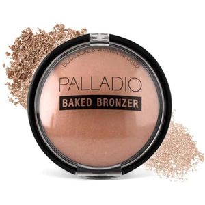 Palladio Gebakken Bronzer, Hoog Gepigmenteerd en Makkelijk te Blenden, Glanzende Gebronsde Gloed, Te Gebruiken Droog of Nat, Blijft de Hele Dag Lang Zitten, Biedt een Rijke Bruine Kleurafwerking, Poeder Compact, Atlantic Tan.
