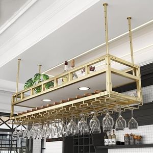 Wijnrekken Hangend wijnrek met 2 lampen, aan het plafond gemonteerd wijnrek, verstelbare industriële hangende wijnfleshouder Bar (Color : Gold, Size : 120x30cm)