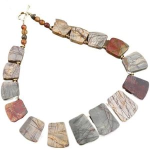 Women Gemstones Beads Choker Necklace Natural Sea Sediment Jaspers Slab Beads Necklace Fashion Jewelry (Color : Grey Bronze)