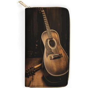 QWNMD Lederen portefeuilles voor vrouwen Old West gitaar bedrukte portemonnee portemonnee kaarthouder met rits lederen clutch portemonnee, Old West gitaar, 19,8 x 10,4 x 3,6 cm, modern, Oude