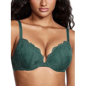 DOBREVA Vrouwen Push Up BH Met Kant Gevoerde Plunge Beugel Volledige Cup Buste Voorgevormde Cups Midnight Emerald 70C