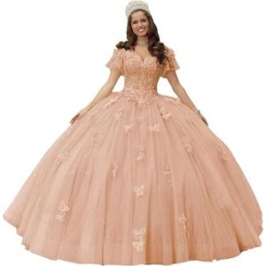 Fuomomo Quinceanera MT052 Jurk met vlinderapplicaties van kant, 3D, glanzend, baljurk, schoudervrij, voor snoep, 15 en 16, verjaardagsjurk van tule, White, 32