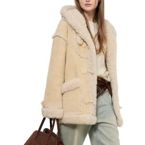 LoprNsdgt Dames Oversized Retro Fleece Gevoerd Elegante Midi Lange Faux Suède Winterjas Met Capuchon,Beige,L