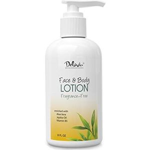 Deluvia vochtinbrengende bodylotion & gezichtslotion, 237 ml met biologische aloë vera, sheaboter, biologische jojoba-olie, vitamine E & B5. Hydraterende lotion voor de droge huid, ideaal voor alle