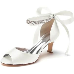 Dames Geklede Lage Kitten Heel Strass Trouwjurk Schoenen Open Teen Sandalen met Hak Enkelbandje Feest Avond Pumps,ivoor,36 EU