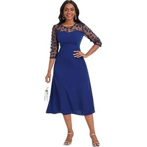 jurken voor dames A-lijnjurk met bloemenappliqué, contrasterend mesh en juk en mouwen (Color : Navy Blue, Size : XL)