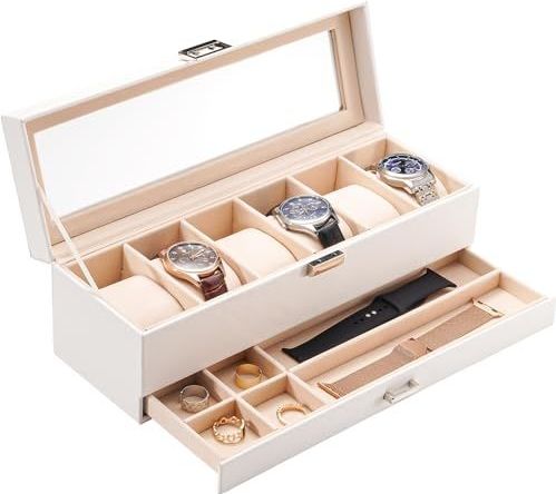 ProCase Horlogedoos met 6 vakken, horlogedoos met glazen deksel, 2 niveaus, horlogekoffer met uitneembare horlogekussens, horlogedoos voor sieraden, ringen, armbanden en halskettingen, wit