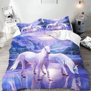 SMchwbc Paarden Beddengoed voor Meisjes en Kinderen - Dekbedovertrek Set van Zachte Microvezel met Ritssluiting en 2 Kussenslopen (220 x 240 cm, 4)