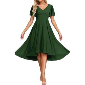 Korte Mouw Bruidsmeisje Jurken voor Bruiloft Hoge Lage Chiffon Formele Avond Party Maxi Gown Thee Lengte AH156, Emerald Groen, 32