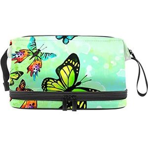 Grote capaciteit reizen cosmetische tas,make-up tas,Waterdichte make-up tas organizer, lente groene aquarel vlinders achtergrond, Meerkleurig, 27x15x14 cm/10.6x5.9x5.5 in