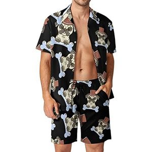 Mopshond Heren Hondenbotten Hawaiiaanse Sets voor Mannen Button Down Korte Mouw Trainingspak Strand Outfits XL