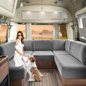 SHUOJIA Stoelhoezen voor caravans, fluweelachtige hoes voor campers met elastische band en veters, RV bankkussen hoes voor camper, wasbaar (grijs-W90-130 cm, D70-90 cm)