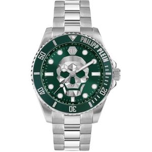 Philipp Plein Herenhorloge analoog kwarts The $Kull Diver, zilver/groen - Pwoaa0622, armband