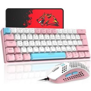 T60 Bekabeld Gamingtoetsenbord en Muis Set, Mini 60% Compact Mechanisch Toetsenbord 62 Toetsen, 19 Regenboog LED-licht, UK Layout + 6400 DPI PS4 Gaming Muis + Muismat voor PC, Mac - Blue Switch/Roze