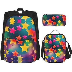 OdDdot Schooltassets rugzakken voor meisjes schooltassen voor studenten werk lunchtas etui unisex schattige teckel honden, Kleurrijke regenboog sterren, Eén maat