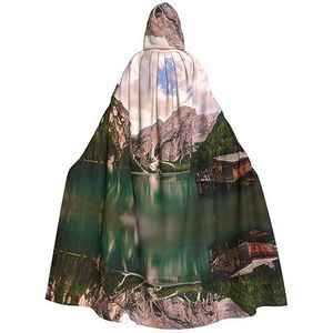 DEXNEL Lake And Wood Cottage 150 cm Hooded Cape Unisex Halloween mantel voor duivel heks tovenaar Halloween Cosplay, aankleden